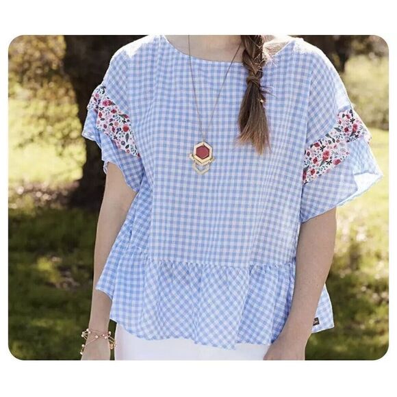 Matilda Jane Tops - Matilda Jane • Rural Route Gingham Blue White Top Size XS Floral